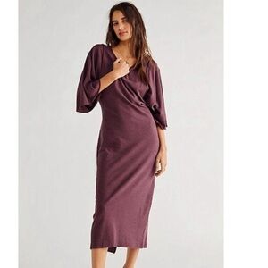 Free People BEACH Skyler Maxi Dress Flowing Short Sleeves in Plum Size Small